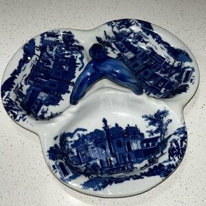 Antique Victorian Blue Ironstone Transferware Oyster plate. W.Adams England